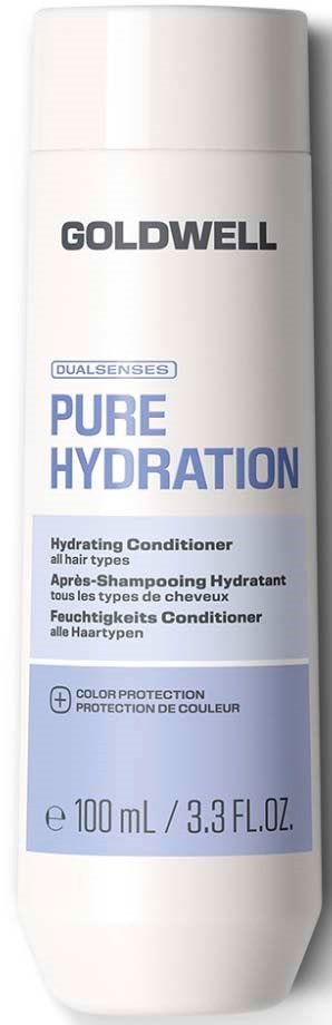 En hvit flaske med Goldwell Pure Hydration fuktighetsgivende balsam for alle hårtyper med etikett i lys lilla og blå.