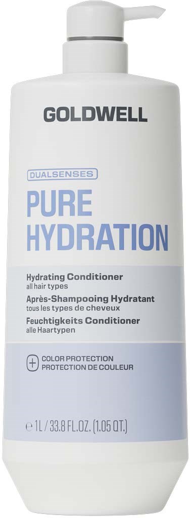 En hvit flaske med Goldwell Pure Hydration hårbalsam med pump og blå etikett.