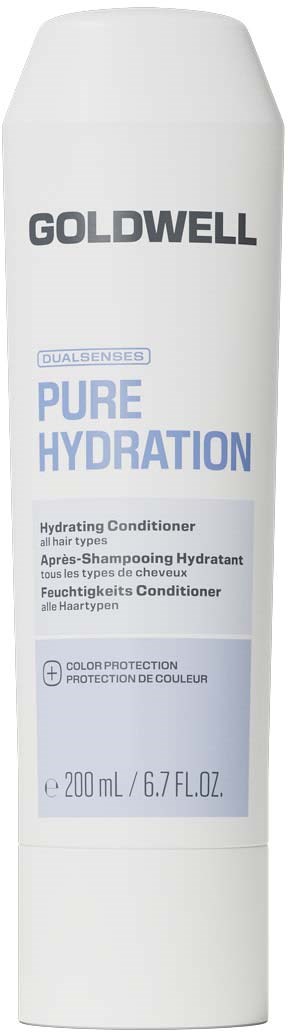 Hvit flaske med Goldwell Pure Hydration fuktighetsgivende balsam med svart og blå tekst.