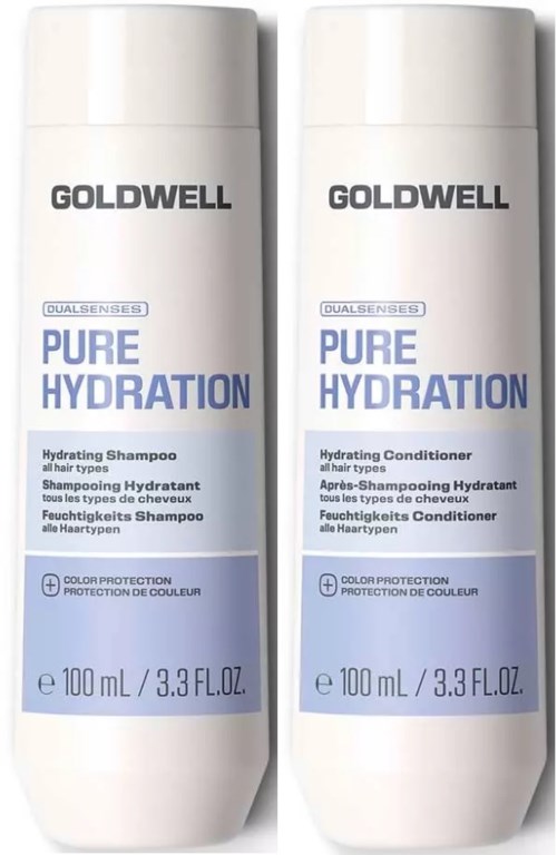 To flasker Goldwell Pure Hydration sjampo og balsam med hvit emballasje og blå tekst.