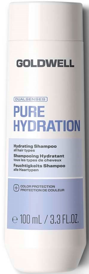 En hvit flaske med Goldwell Pure Hydration fuktighetsgivende sjampo med blå og svart tekst på etiketten.