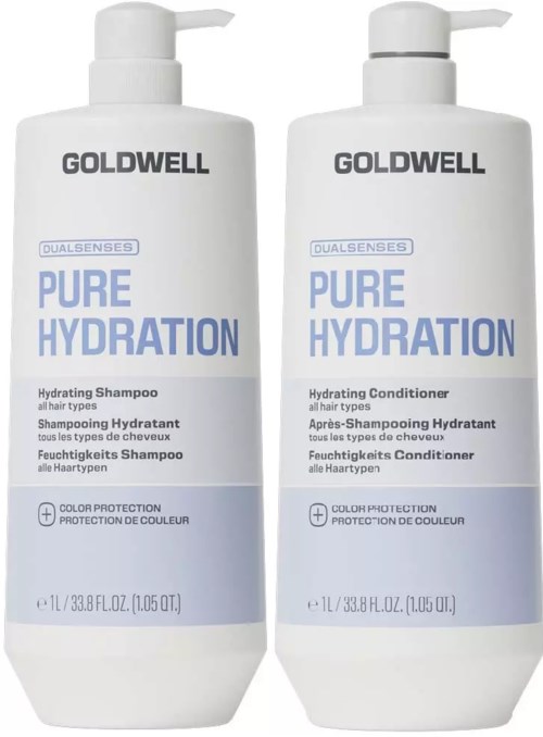 To hvite flasker med Goldwell Pure Hydration sjampo og balsam med blå tekst og lokk, for alle hårtyper.