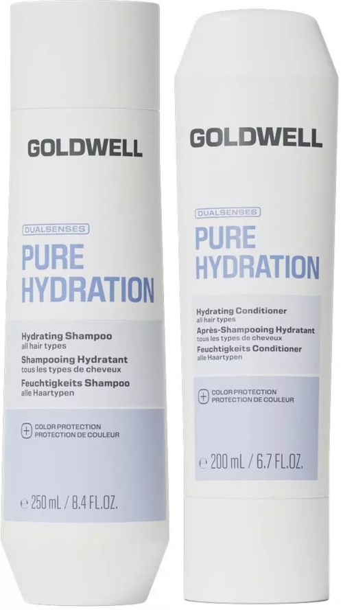 To hvite flasker med Goldwell Pure Hydration sjampo og balsam med blå og svart tekst.