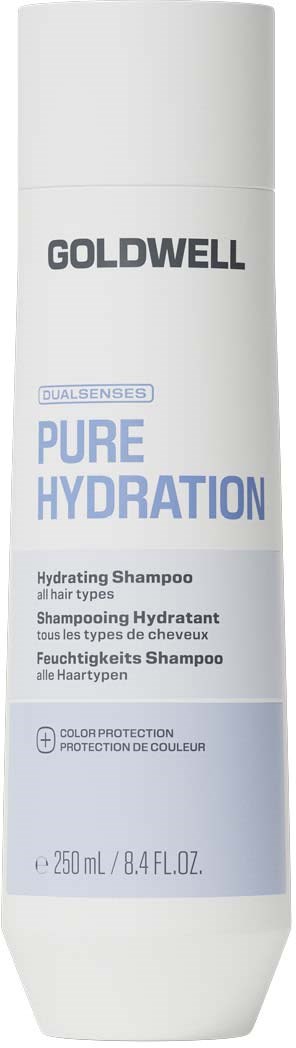 Hvit flaske med Goldwell Pure Hydration fuktskapende sjampo med blå og grå tekst og lukking.