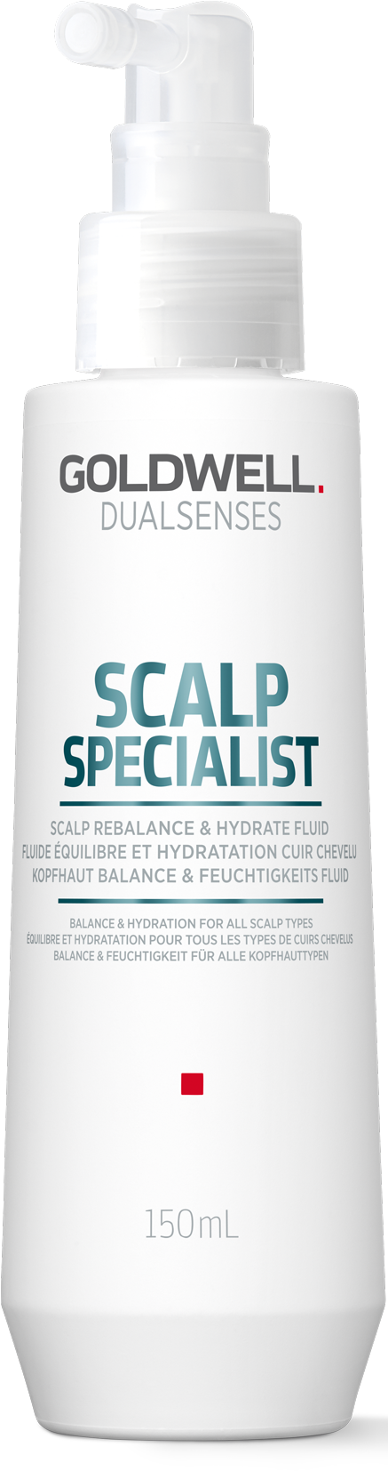 Eine weiße Flasche mit Pumpkopf, mit der Bezeichnung 'Goldwell Dualsenses Scalp Specialist' für Haarpflege. Es sind 150 ml enthalten.