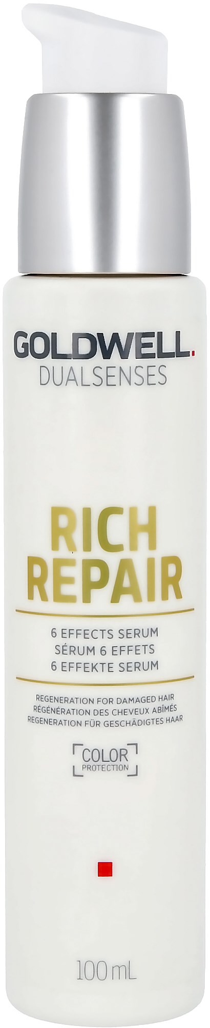 Eine weiße und silberne Flasche Goldwell Rich Repair Serum mit Pumpe, für Haarpflege.