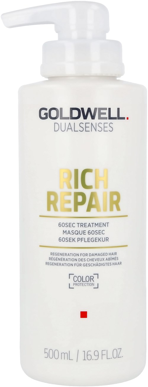 Weiße Flasche mit Pumpkopf, beschriftet Goldwell Dualsenses Rich Repair für beschädigtes Haar.