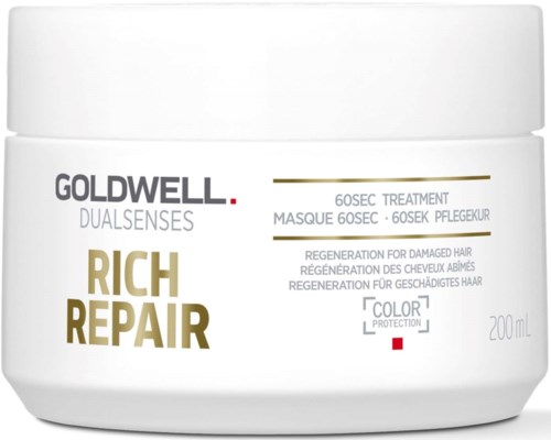 Goldwell Rich Repair hårkur i krukke med hvit lokk og etikett som viser at den reparerer skadet hår og beskytter farge.