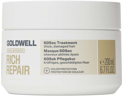 En hvit krukke med Goldwell Rich Repair dypebehandling for tykt, skadet hår, med etikett i beige og svart gullfarge.