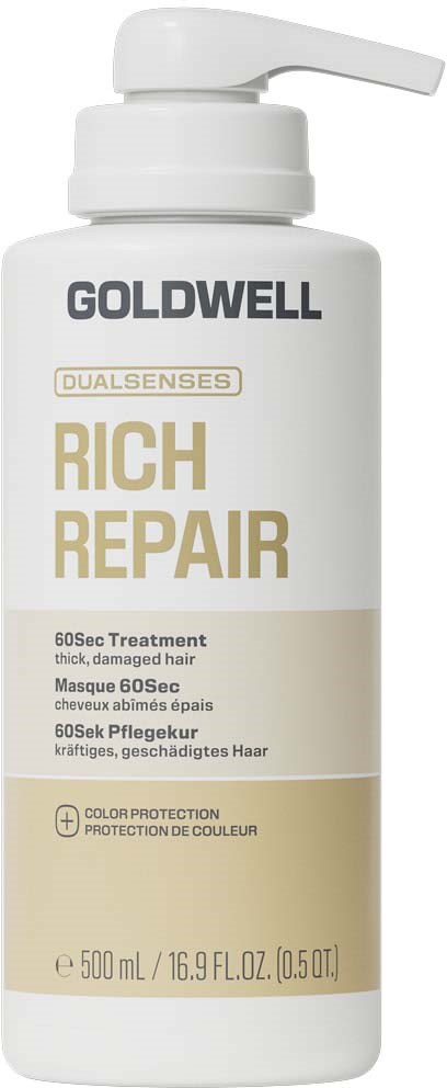 En hvit flaske med Goldwell Rich Repair behandling for tykt, skadet hår med pumpe. Label viser produktnavn og detaljer.
