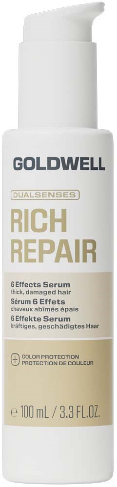 En hvit flaske med Goldwell Rich Repair serum med pumpe, merket for skadet, tynt hår. Egnet for fargebeskyttelse.