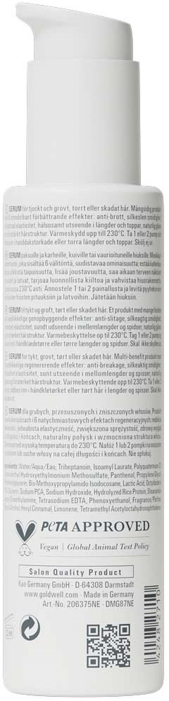 Bak på en hvit flaske med svart tekst og strekkode, med PETA-godkjent logo og QR-kode.