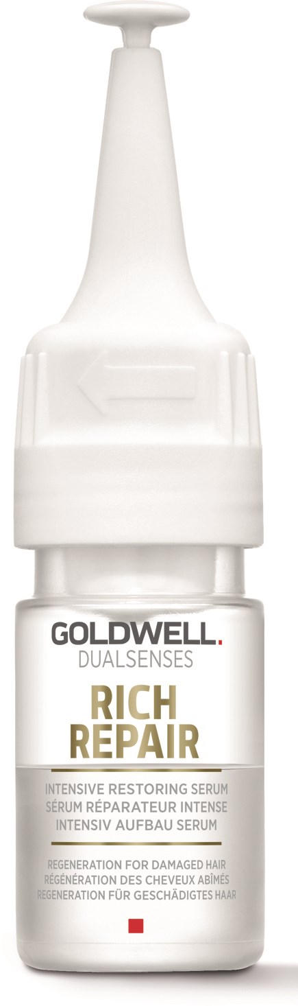 Vit flaska med pipett, märkt 'Goldwell Rich Repair' för hårvård, fokuserar på att reparera skadat hår.