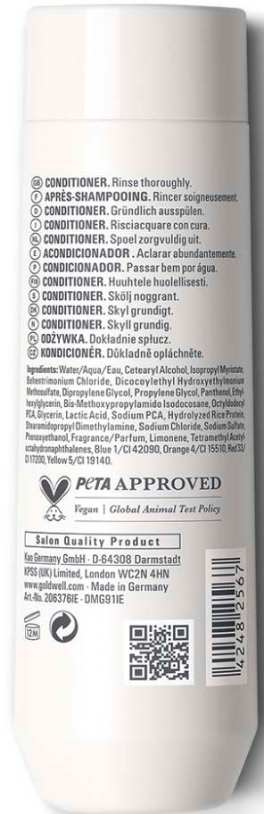 Baksiden av en hvit hårpleieflaske med instruksjoner, ingredienser og sertifiseringsmerker inkludert PETA godkjent.
