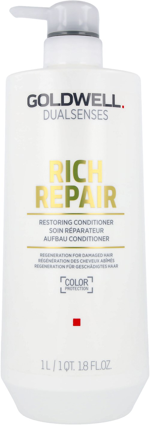 Eine weiße Flasche mit Pumpspender, die behauptet, beschädigtes Haar zu reparieren, mit Goldwell-Logo und Text über Conditioner.