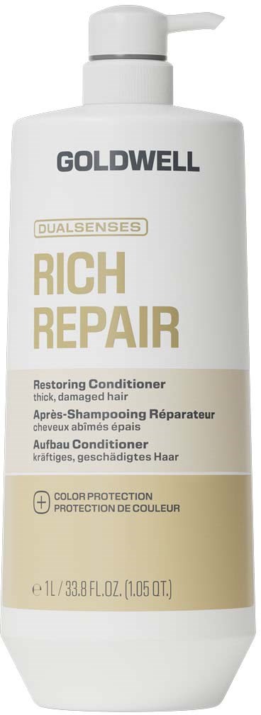 En hvit flaske med Goldwell Rich Repair gjenoppbyggende balsam med pumpe.