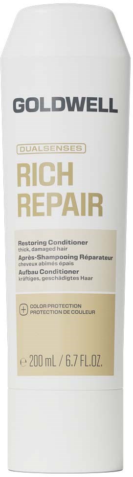 En hvit flaske med Goldwell Rich Repair-sertifisert balsam med gull- og svart etikett.