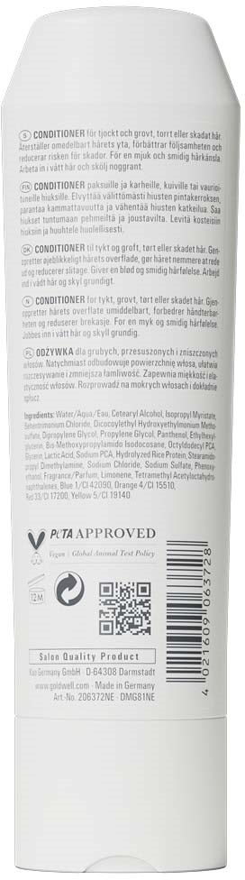 Baksiden av en hvit balsamflaske med produktbeskrivelse, ingredienser, strekkode og godkjenningslogoer.