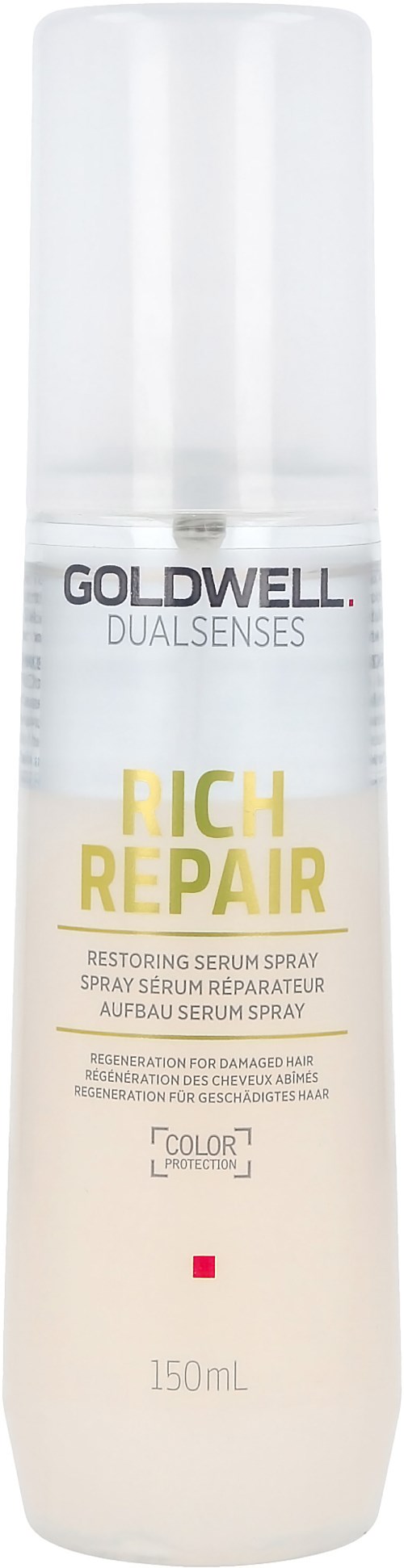 Eine weiße Flasche mit Goldwell Rich Repair Serum-Spray, Text und einem kleinen roten Quadratetikett.