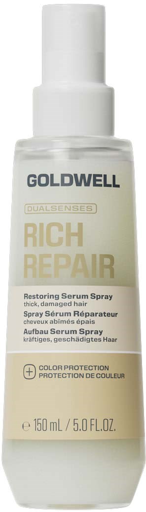 En hvit sprayflaske med Goldwell Rich Repair Restoring Serum Spray for skadet hår, med pumpe og etikett.