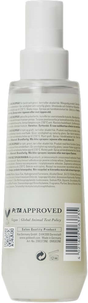 En hvit sprayflaske med tekst og strekkoder, merket med ingredienser og produktnavn, stående oppreist.