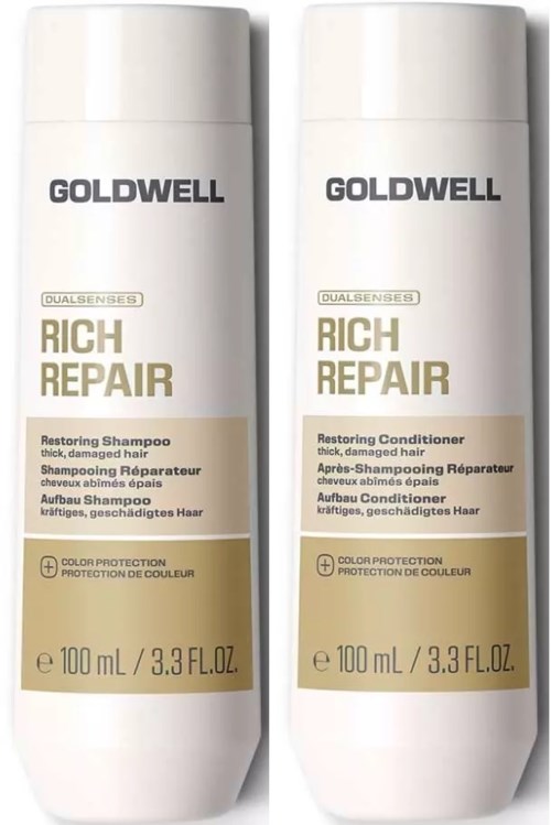 To hvite flasker av Goldwell Rich Repair sjampo og balsam for skadet hår.