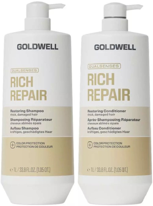 To hvite flasker med Goldwell Rich Repair sjampo og balsam for skadet hår, med gull og beige etiketter og pumpehoder.
