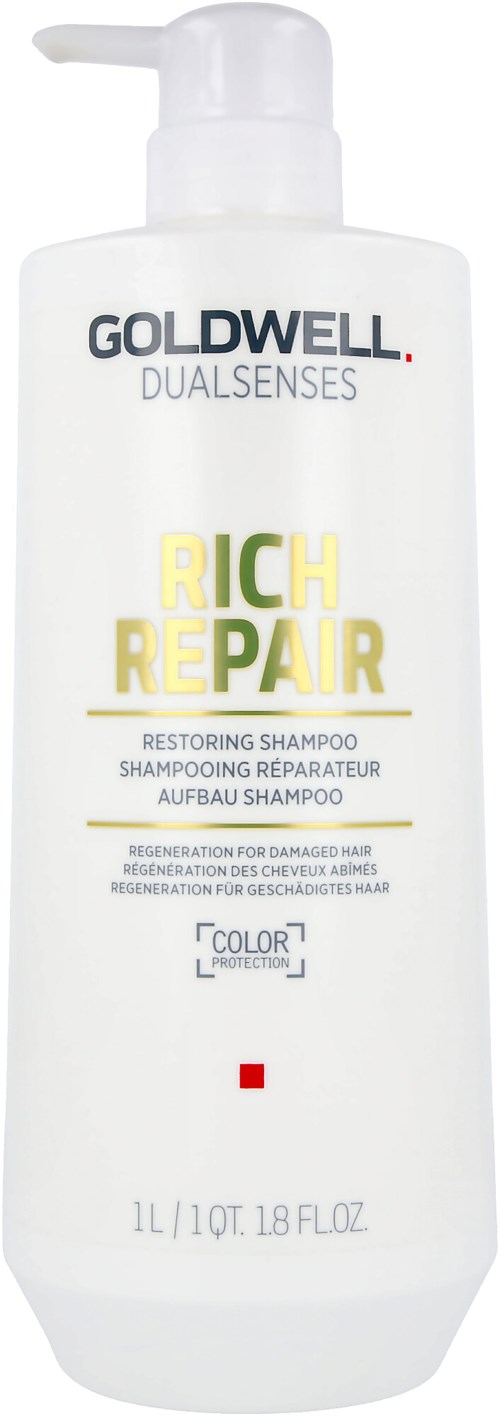 A white shampoo bottle with a pump, labeled as Goldwell Dualsenses Rich Repair for damaged hair, 1 liter.