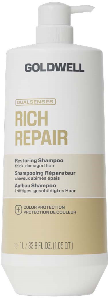 En hvit flaske med Goldwell Rich Repair sjampo med pumpe, merket for skadet og tykt hår.
