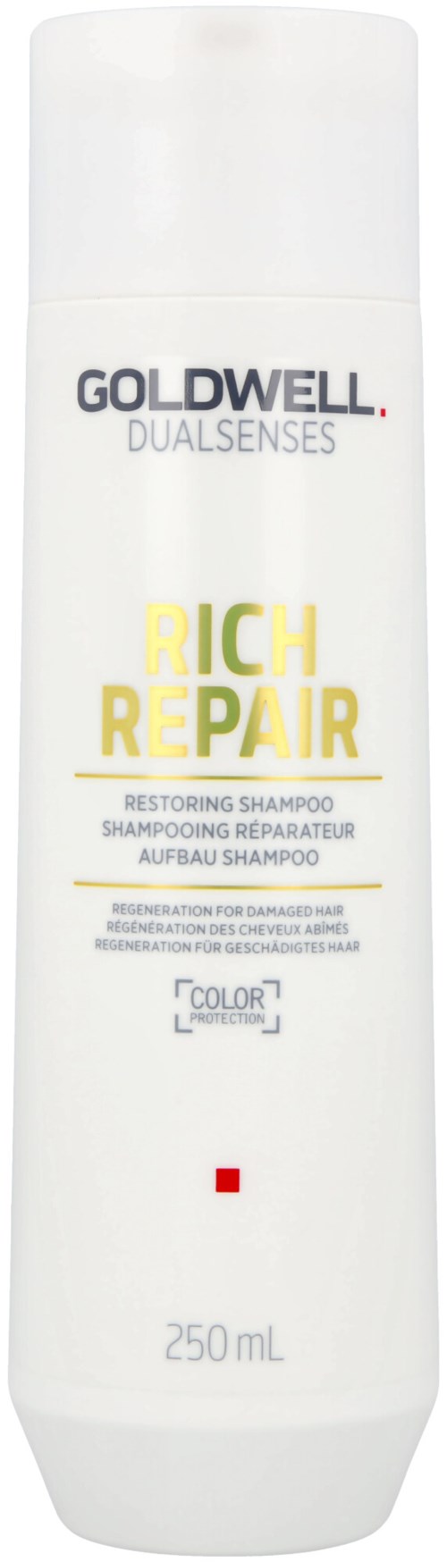 Eine weiße Flasche Goldwell Rich Repair Restoring Shampoo mit goldfarbener Schrift und rotem Logo unten.