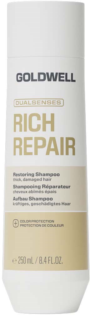 Goldwell Rich Repair gjenopprettende sjampo for tykt, skadet hår i en hvit flaske med beige og grå tekst.