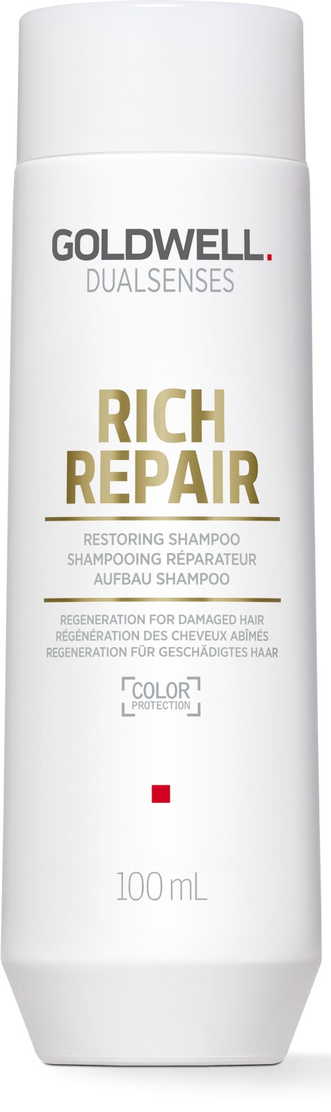 Eine weiße Shampooflasche mit goldener und schwarzer Schrift, beschriftet 'Goldwell Dualsenses Rich Repair' für geschädigtes Haar.