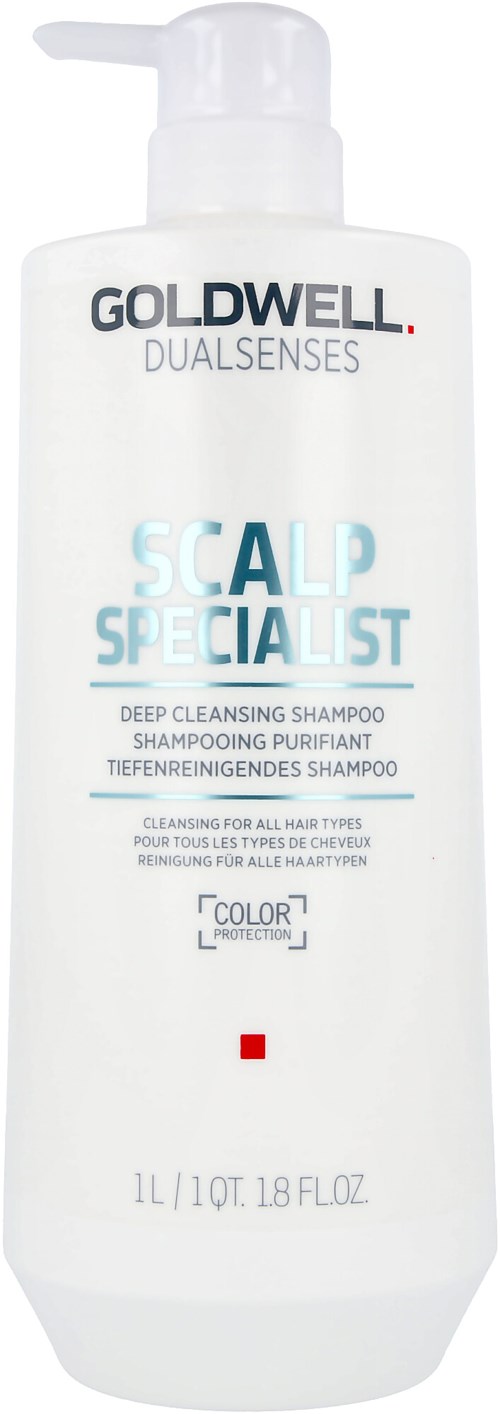 A white bottle of Goldwell Dualsenses Scalp Specialist shampoo with a pump, labeled for deep cleansing and color protection.