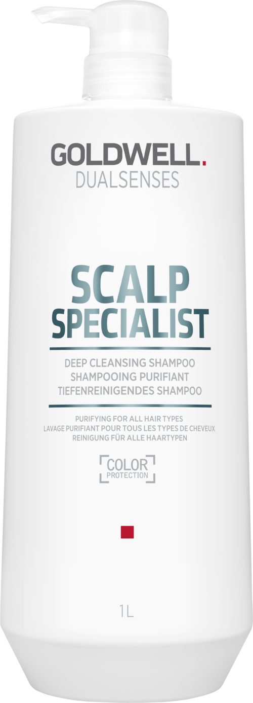 A white bottle of Goldwell Dualsenses Scalp Specialist shampoo with a pump top.