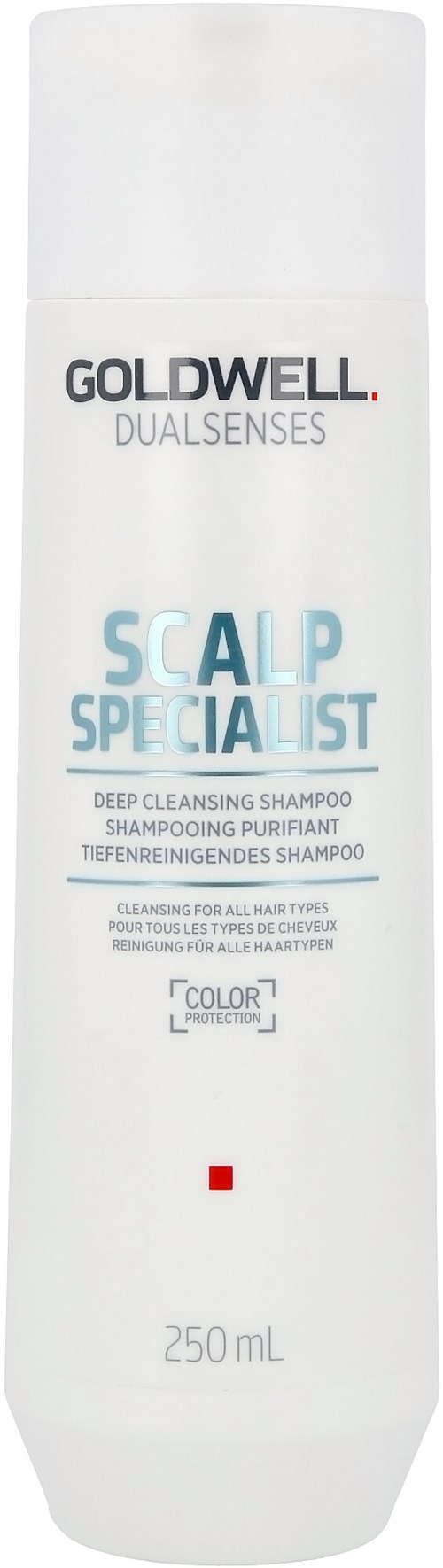 A white bottle of Goldwell Dualsenses Scalp Specialist Deep Cleansing Shampoo, 250 mL, with black, blue, and red text.