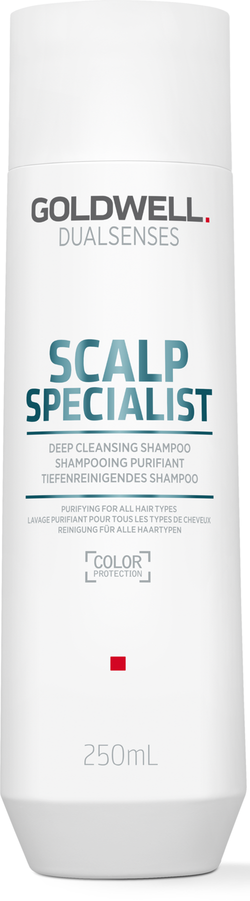 A white bottle labeled Goldwell Dualsenses Scalp Specialist shampoo, 250ml, with blue and red text and logo.