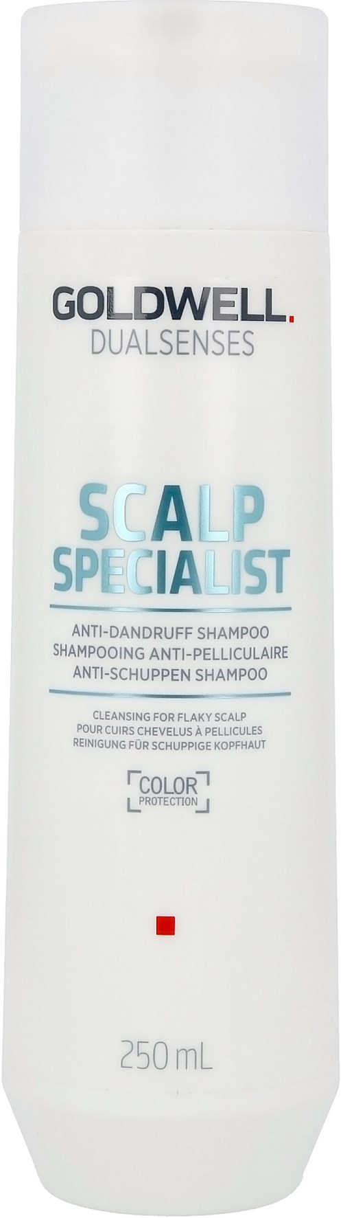 Eine weiße Flasche Goldwell Kopfhautshampoo mit schwarzen und blauen Texten und einem kleinen roten Quadrat. Enthält 250 ml.