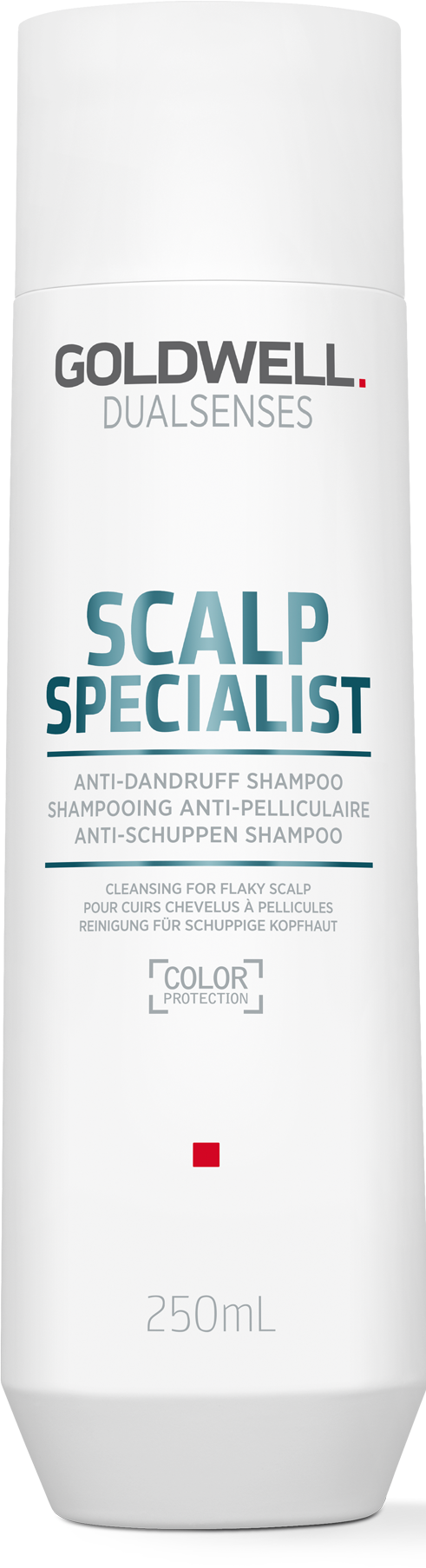 Eine weiße Flasche Goldwell Kopfhautshampoo mit blauer und schwarzer Schrift, gegen Schuppen und zur Reinigung der Kopfhaut.