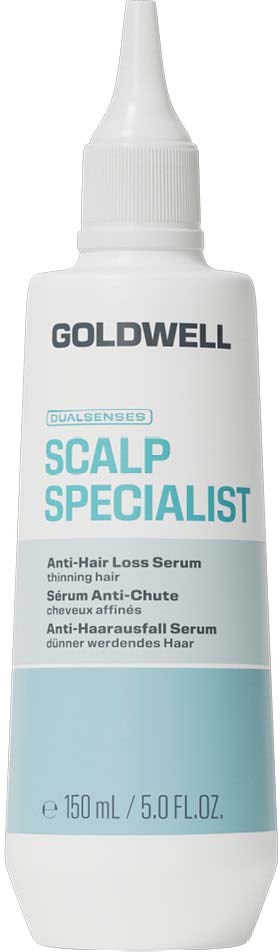 En hvit flaske med spiss nese merket Goldwell Scalp Specialist anti-hårtap serum for tynt hår.