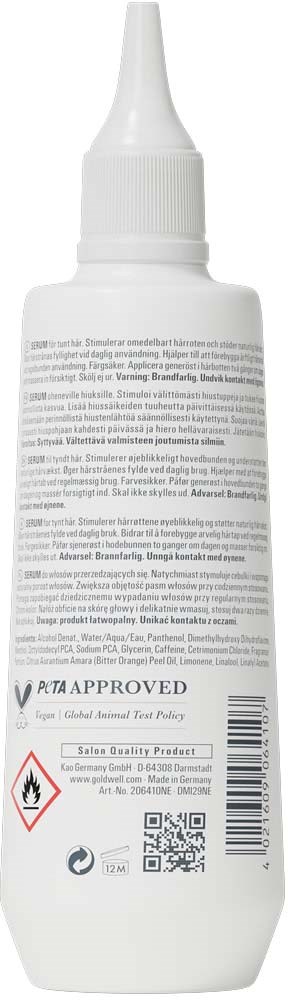 Baksiden av en hvit flaske med spisst topp, med advarselmerker, tekst og en QR-kode.