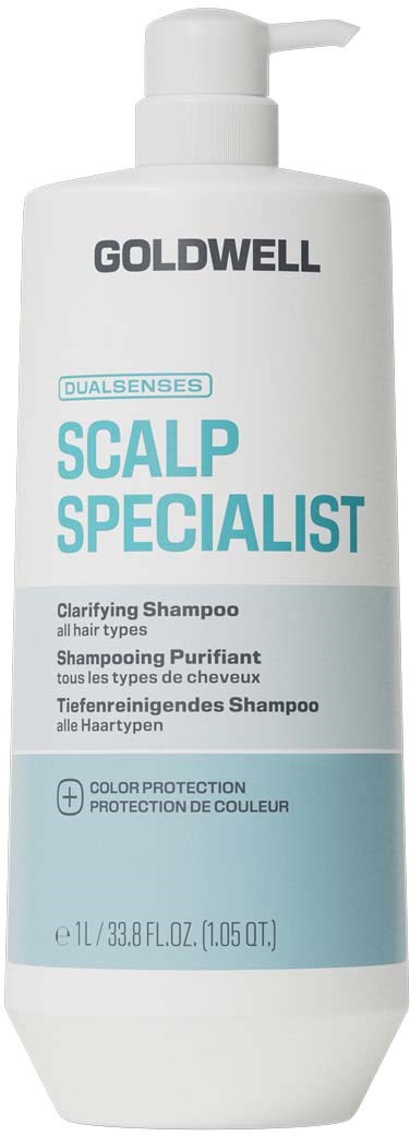 Goldwell Scalp Specialist sjampoflaske med en etikett som viser produktdetaljer og merkevarenavn.