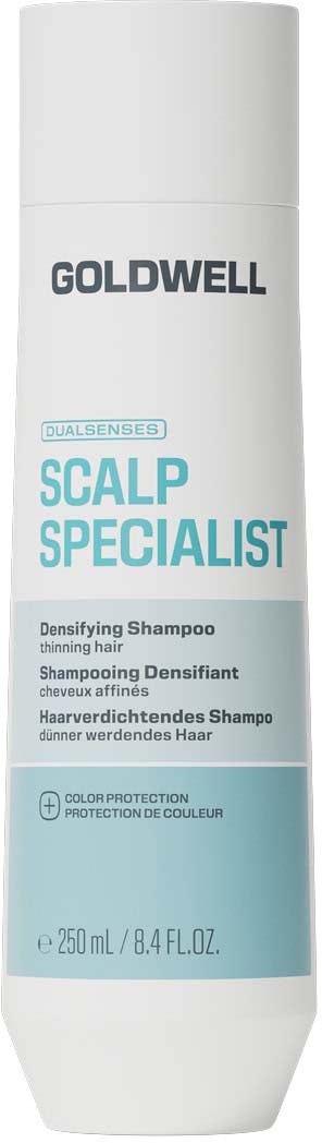 En hvit flaske med Goldwell Scalp Specialist sjampo med blå og svart tekst.