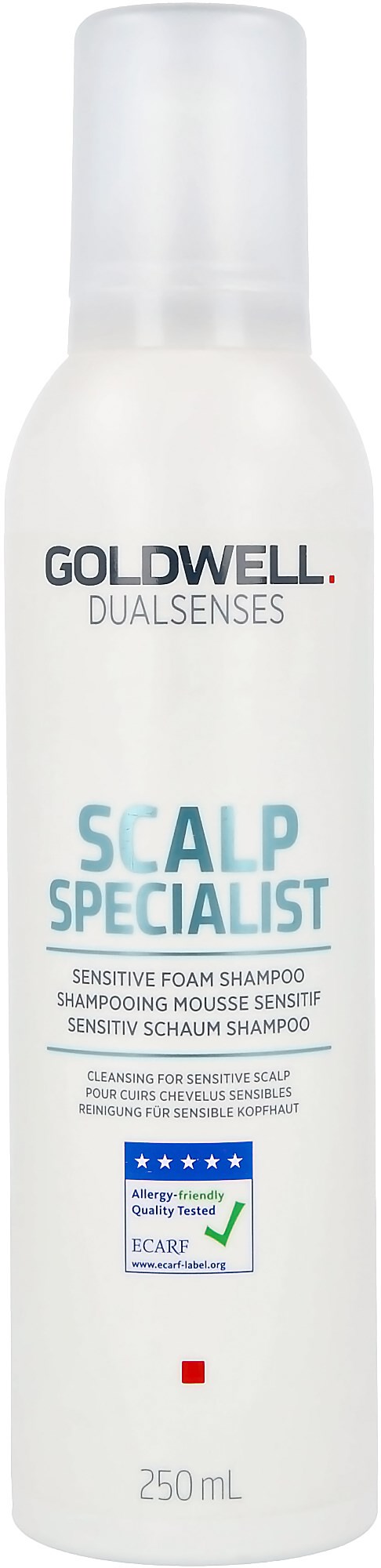 A white bottle labeled Goldwell Dualsenses Scalp Specialist, 250 mL, for sensitive scalp, with a white cap.