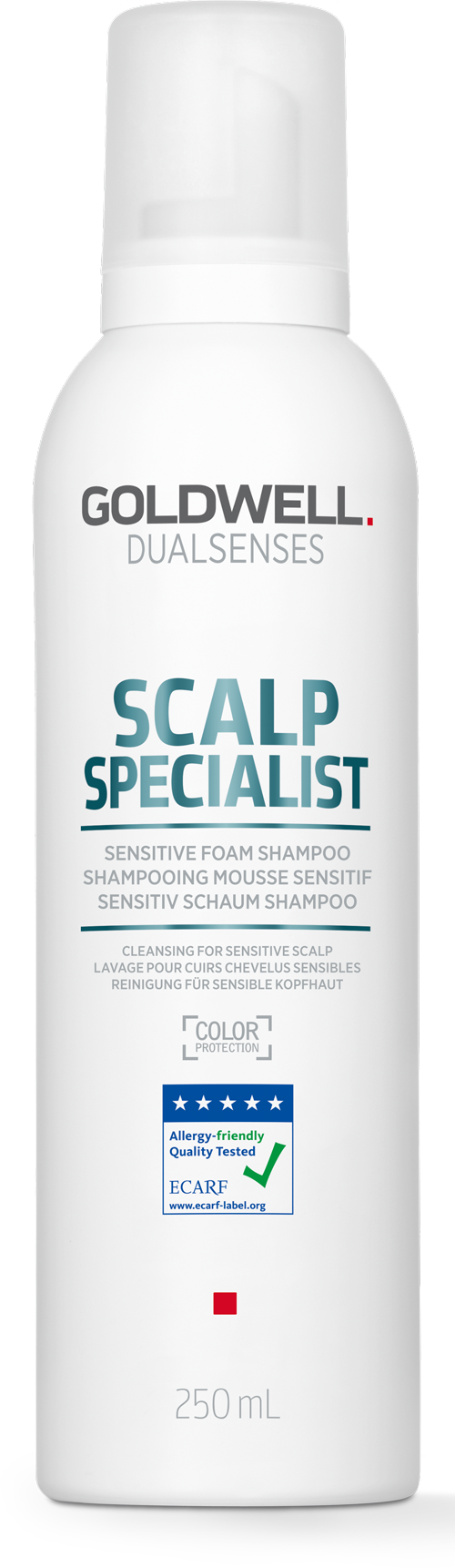 A white bottle of Goldwell Dualsenses Scalp Specialist shampoo for sensitive scalp, 250 ml, with blue and black text.