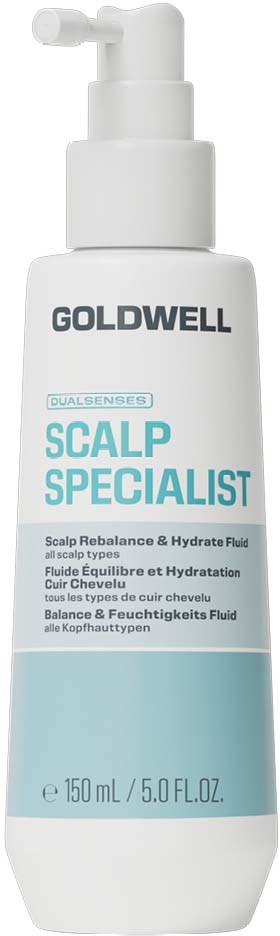 En hvit flaske med pumpe merket Goldwell Scalp Specialist for hodebunnspleie og hydrering, 150 ml.