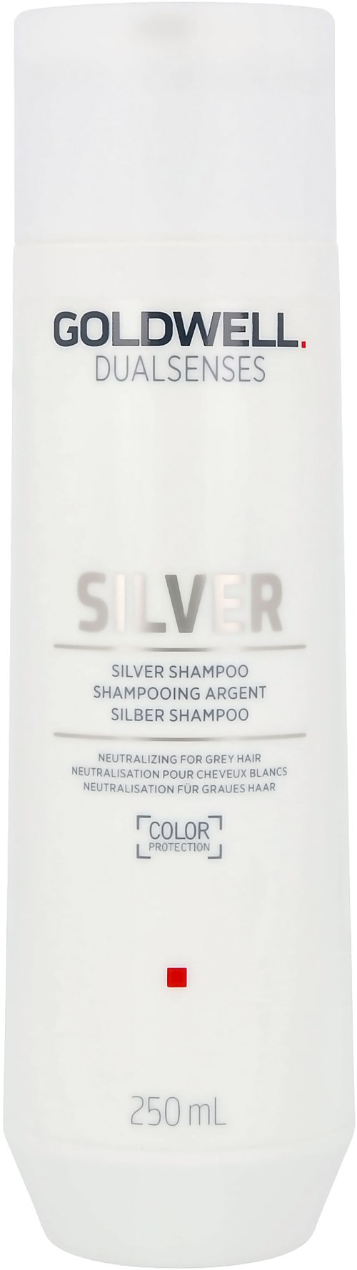 Eine weiße Flasche GOLDWELL SILVER Shampoo mit schwarzen und grauen Text, 250 ml, für graues Haar.