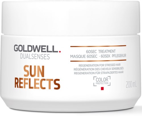 Valkoinen purkki, jossa lukee Goldwell Dualsenses Sun Reflects stressaantuneelle hiuksille, 200ml, ruskealla ja mustalla tekstillä ja viivoilla.
