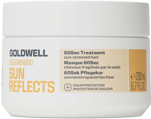 Hvit beholder med Goldwell Sun Reflects Dualesenses 60Sec-behandling for solstresset hår med oransje og beige etikett.
