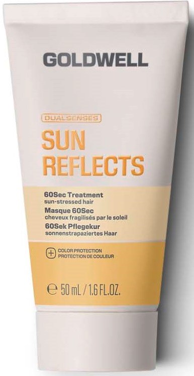 Goldwell Sun Reflects hårkur tube med oransje og hvit emballasje og produktdetaljer i svart tekst.
