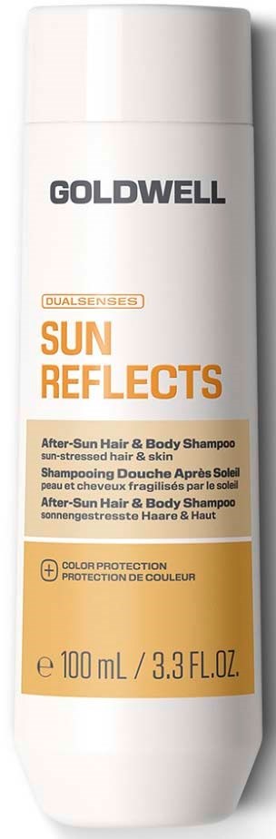 Goldwell Sun Reflects etter-sols sjampo for hår og kropp med hvit og oransje etikett.